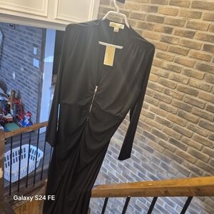 Michaels Black Long Sleeve Ruched Zip Front Dress